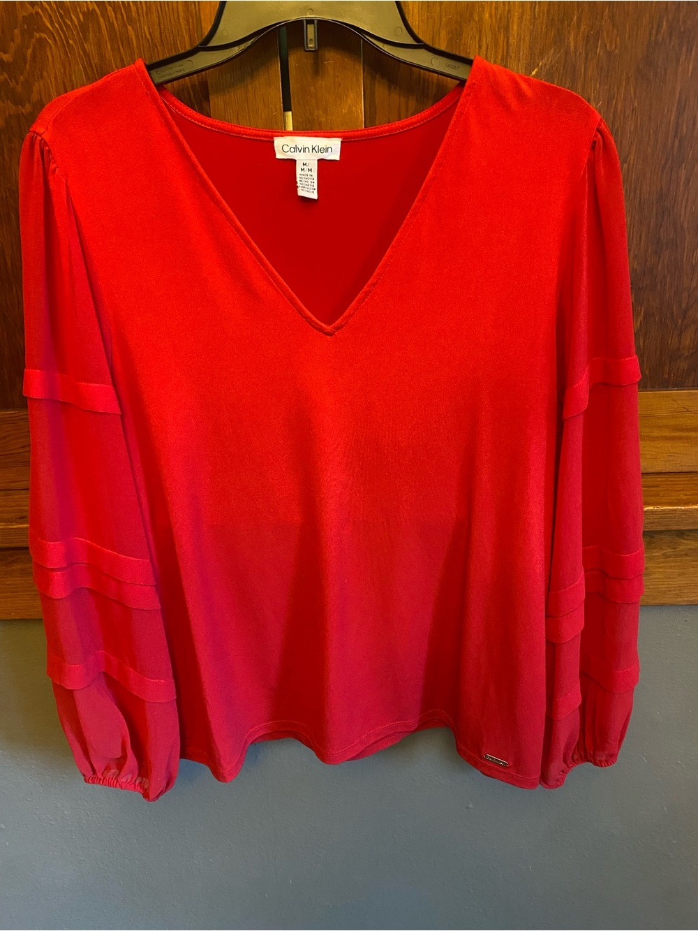 Calvin Klein Bright Red V-Neck Long Sleeve Blouse